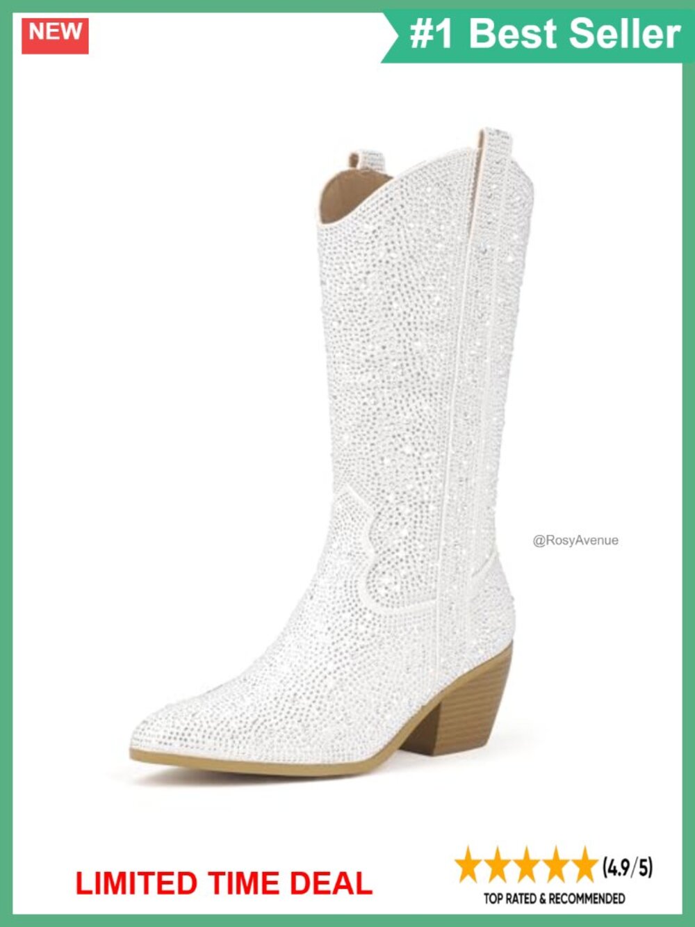 IDIFU Rhinestone Mid Calf Boots Pointed Toe Block Heel